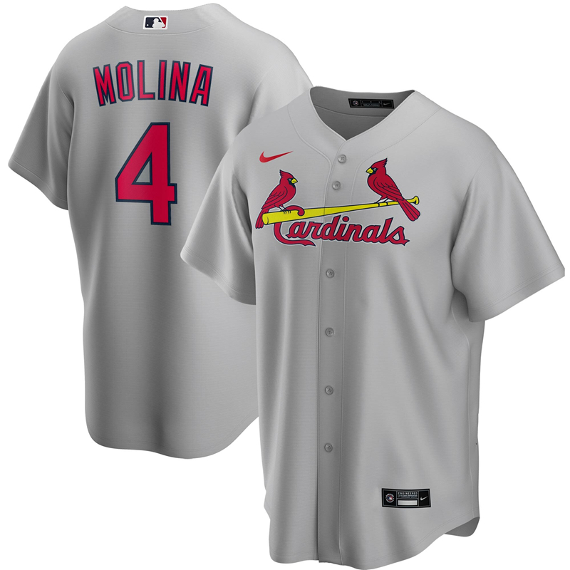 2020 MLB Men St. Louis Cardinals 4 Yadier Molina Nike Gray Road 2020 Replica Player Jersey 1